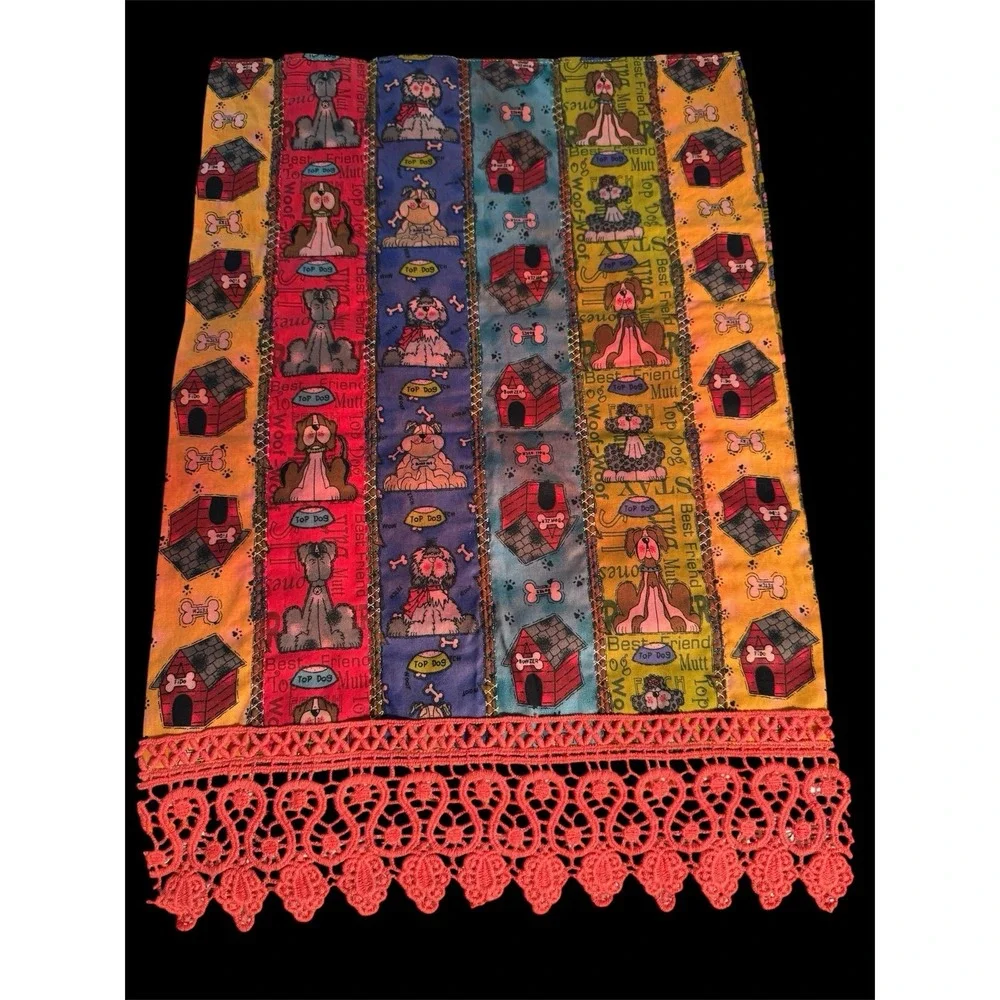 Kantha Like Napkin Bohemian Handmade Kitchen Towel Dining Table Decor NWOT Dogs